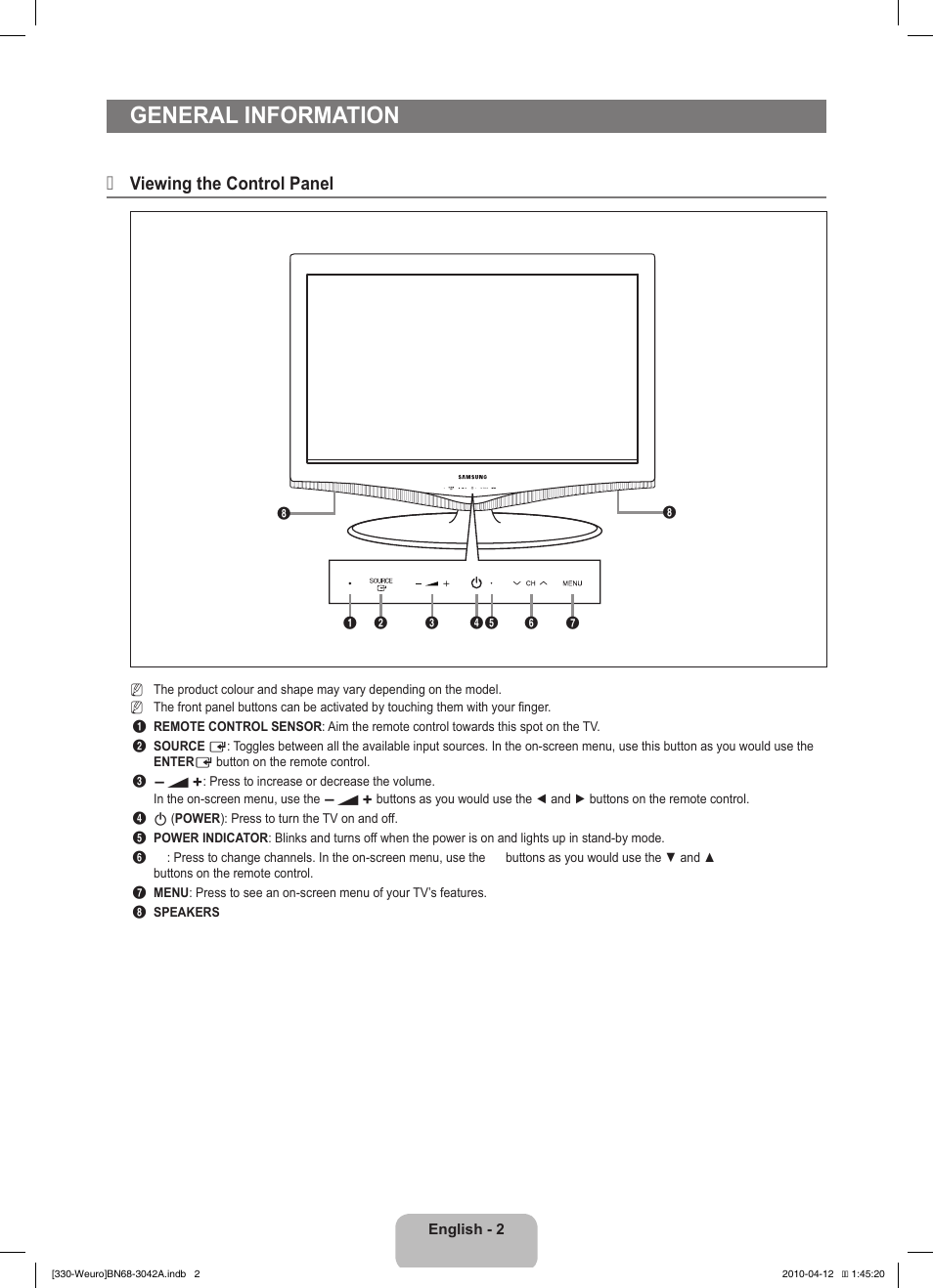 General information, Viewing the control panel | Samsung LE22C330F2W User Manual | Page 4 / 212