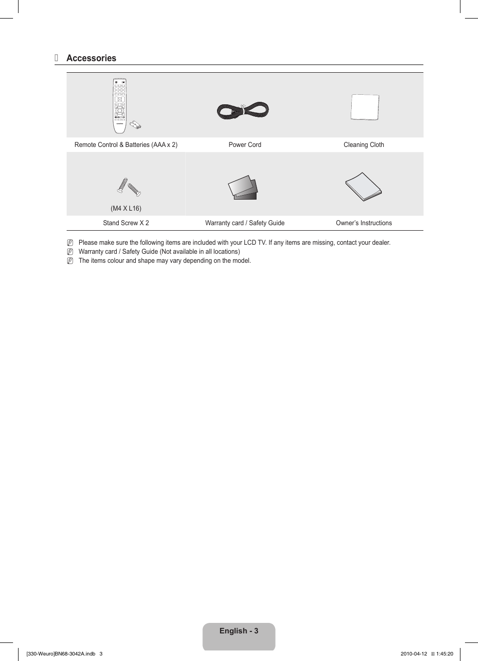 Accessories | Samsung LE22C330F2W User Manual | Page 5 / 212