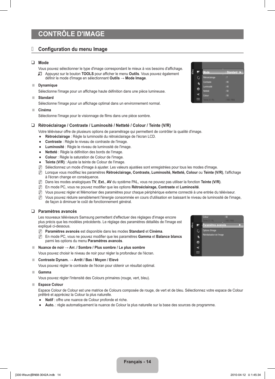 Contrôle d'image, Configuration du menu image | Samsung LE22C330F2W User Manual | Page 50 / 212