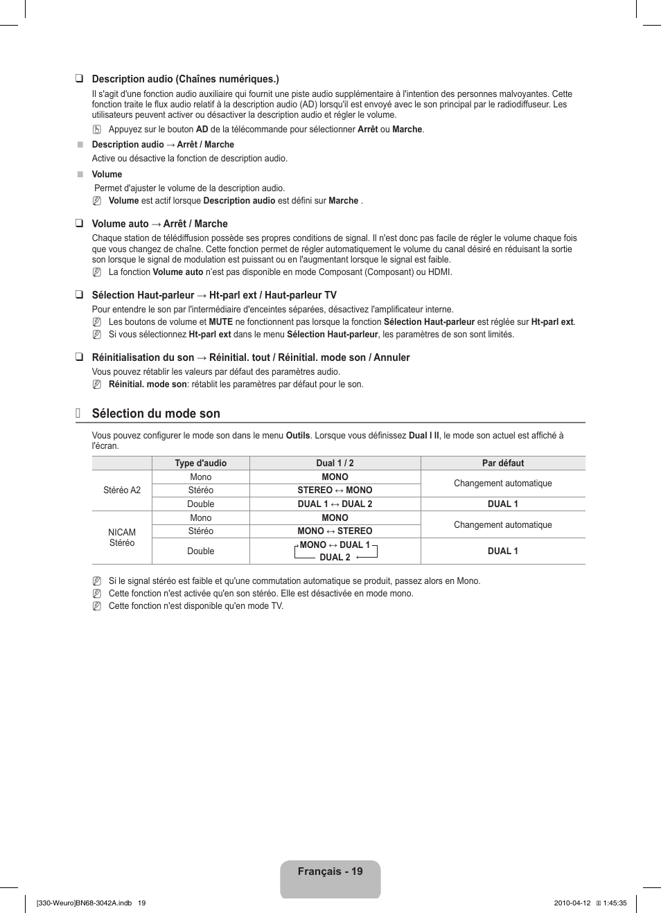 Sélection du mode son | Samsung LE22C330F2W User Manual | Page 55 / 212