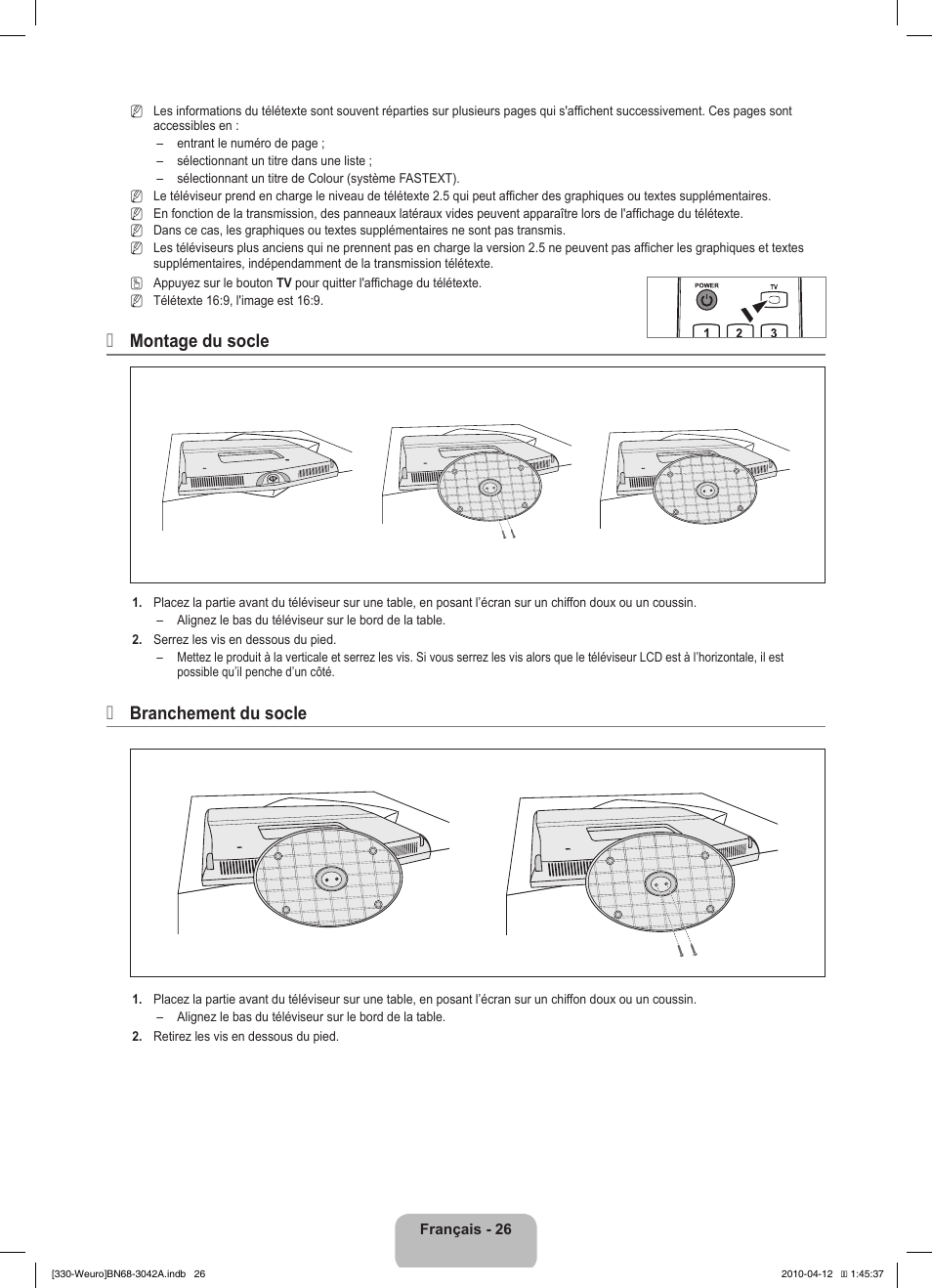 Montage du socle, Branchement du socle | Samsung LE22C330F2W User Manual | Page 62 / 212