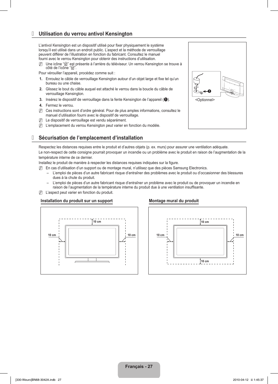 Utilisation du verrou antivol kensington, Sécurisation de l’emplacement d’installation | Samsung LE22C330F2W User Manual | Page 63 / 212