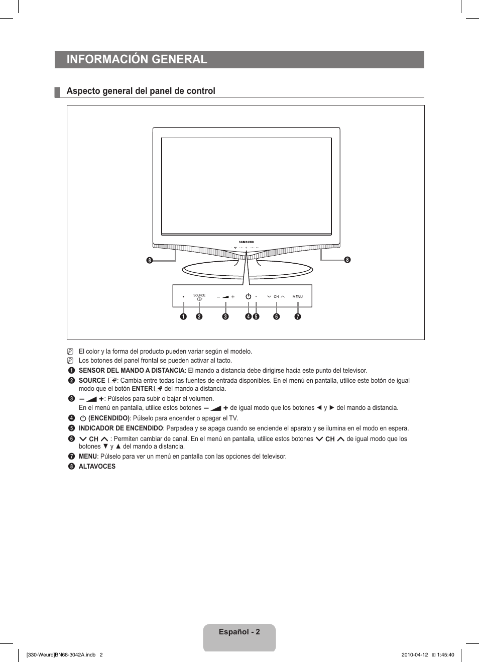 Información general, Aspecto general del panel de control | Samsung LE22C330F2W User Manual | Page 72 / 212