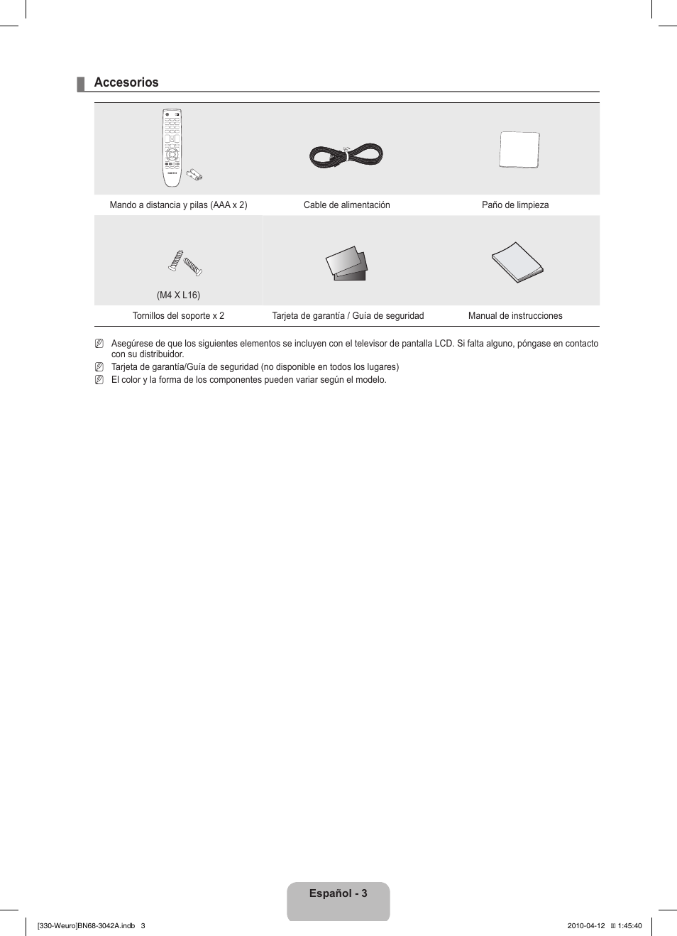 Accesorios | Samsung LE22C330F2W User Manual | Page 73 / 212