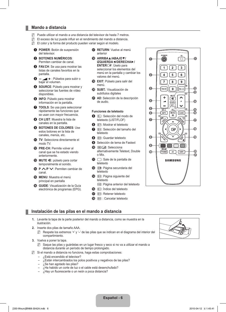 Mando a distancia, Instalación de las pilas en el mando a distancia | Samsung LE22C330F2W User Manual | Page 76 / 212