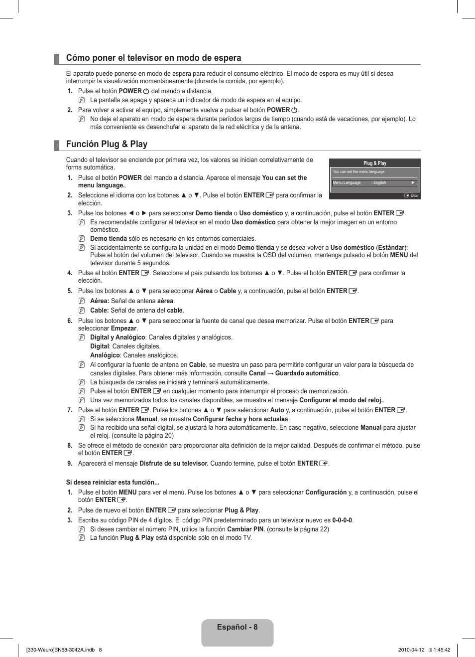 Cómo poner el televisor en modo de espera, Función plug & play | Samsung LE22C330F2W User Manual | Page 78 / 212