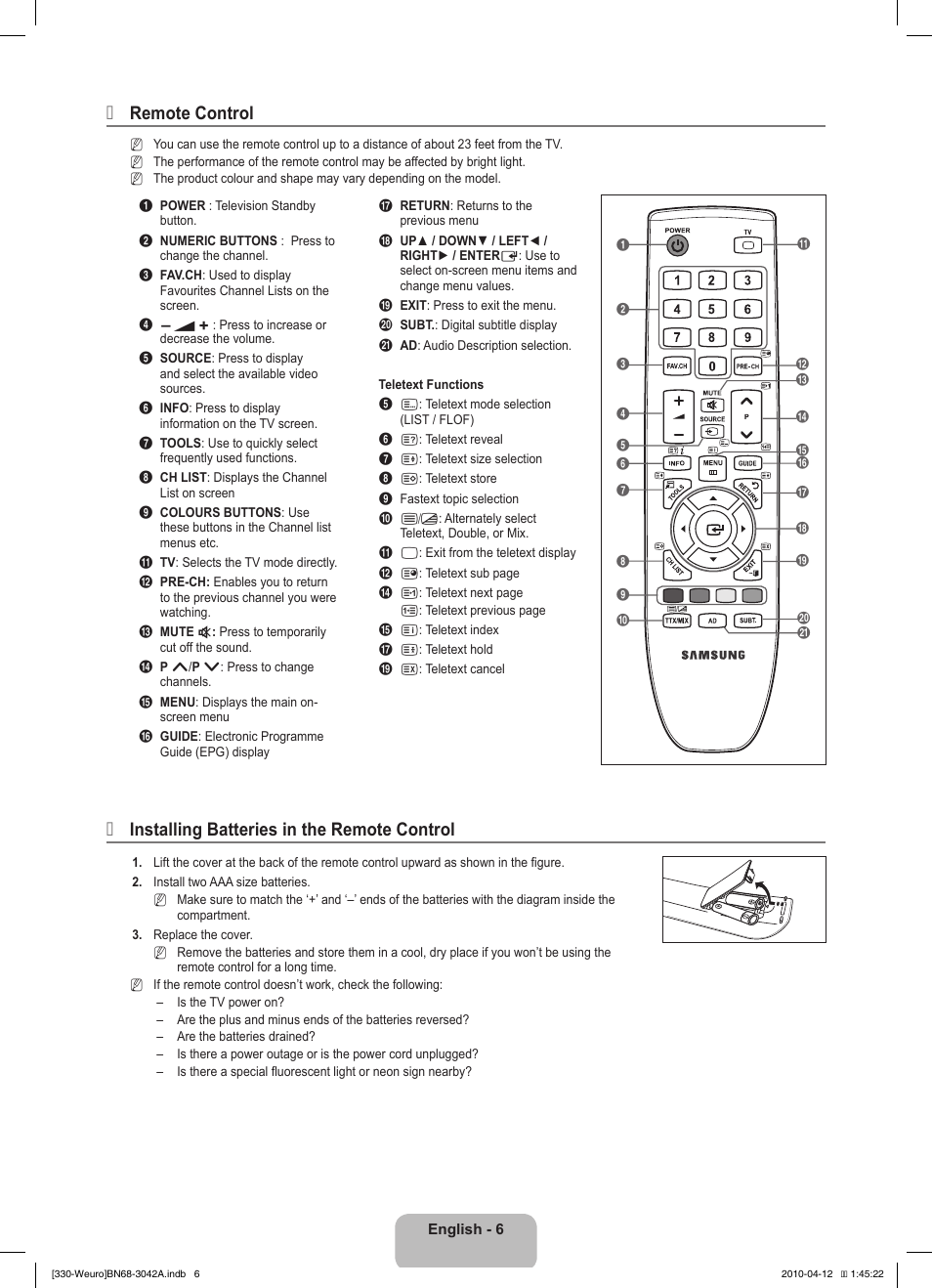 Remote control, Installing batteries in the remote control | Samsung LE22C330F2W User Manual | Page 8 / 212