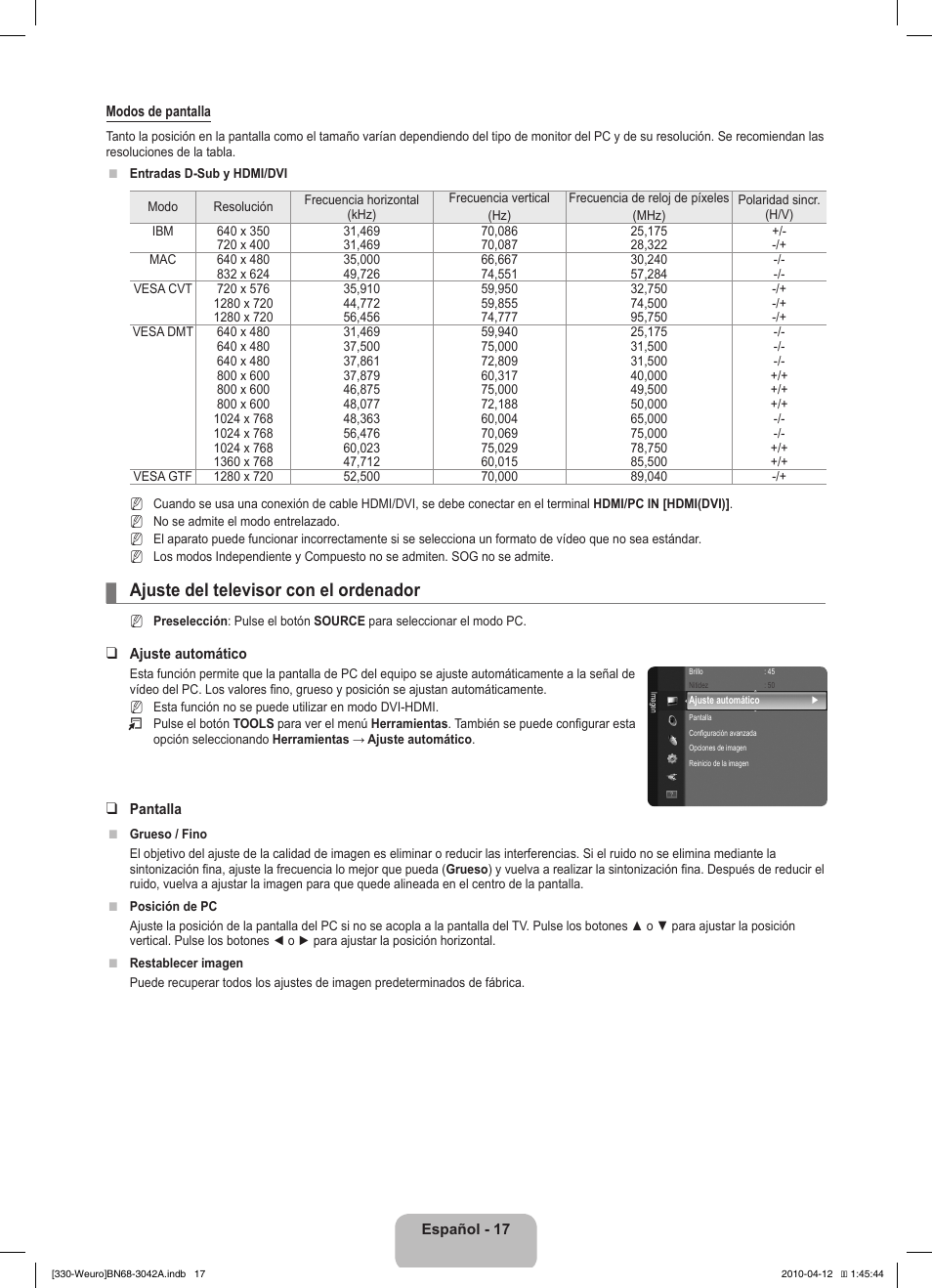 Ajuste del televisor con el ordenador | Samsung LE22C330F2W User Manual | Page 87 / 212