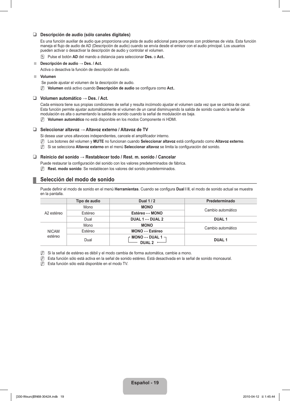Selección del modo de sonido | Samsung LE22C330F2W User Manual | Page 89 / 212