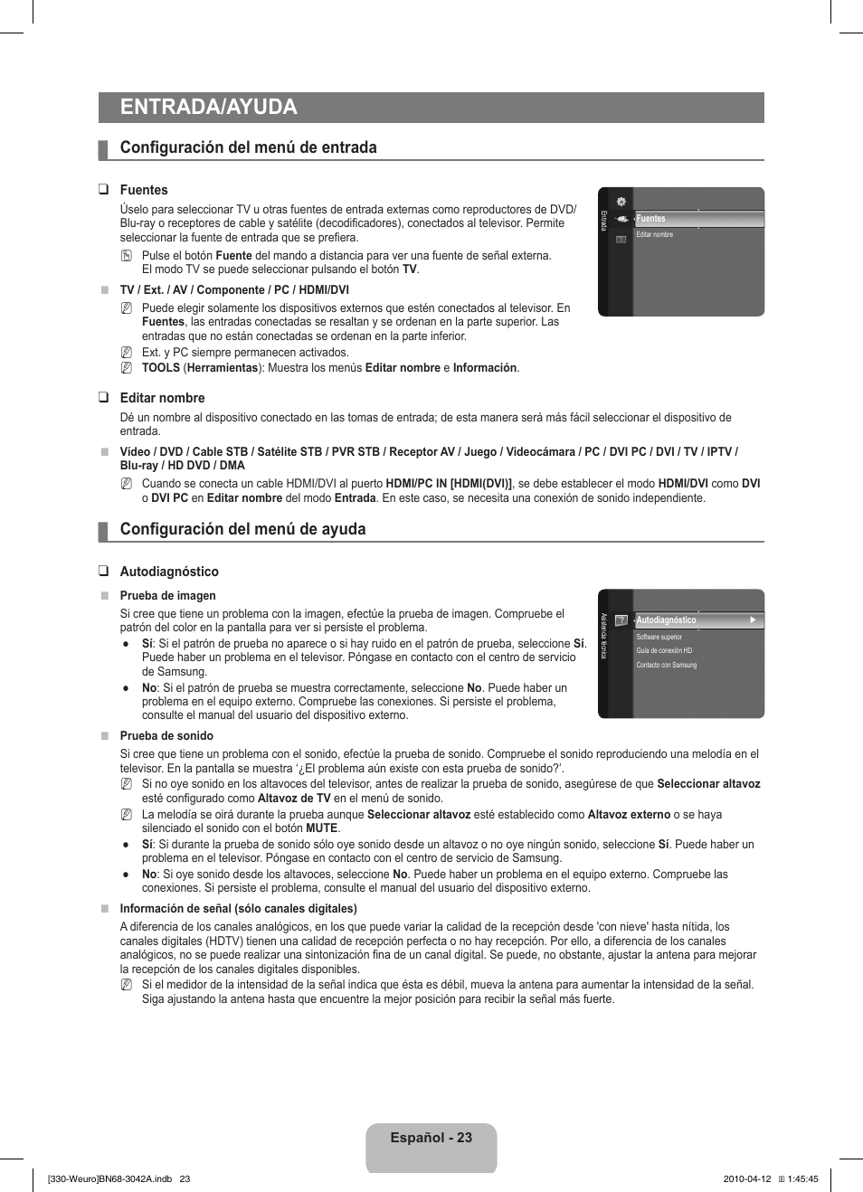 Entrada/ayuda, Configuración del menú de entrada, Configuración del menú de ayuda | Samsung LE22C330F2W User Manual | Page 93 / 212