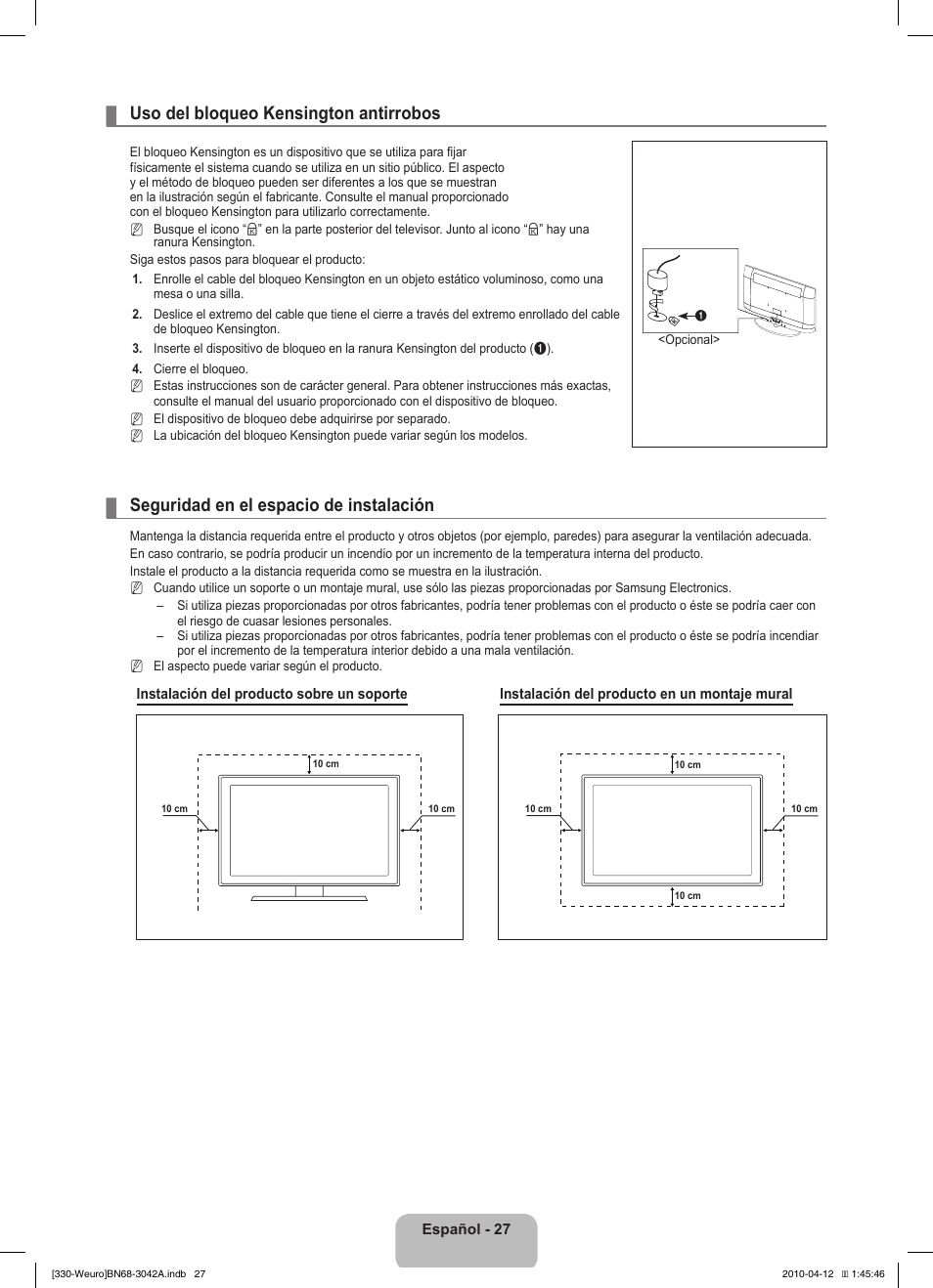 Uso del bloqueo kensington antirrobos, Seguridad en el espacio de instalación | Samsung LE22C330F2W User Manual | Page 97 / 212