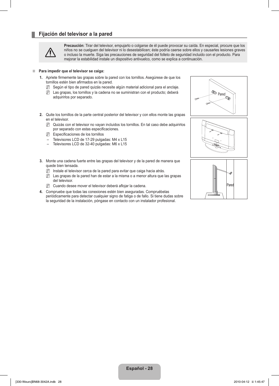 Fijación del televisor a la pared | Samsung LE22C330F2W User Manual | Page 98 / 212