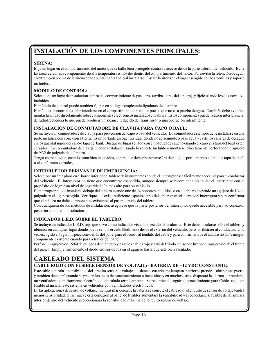 Cableado del sistema, Instalación de los componentes principales | Audiovox APS-15R User Manual | Page 15 / 19