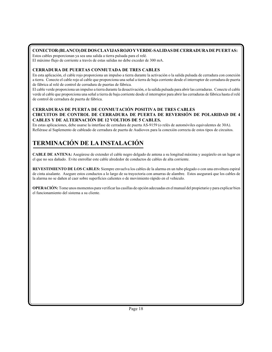 Terminación de la instalación | Audiovox APS-15R User Manual | Page 17 / 19