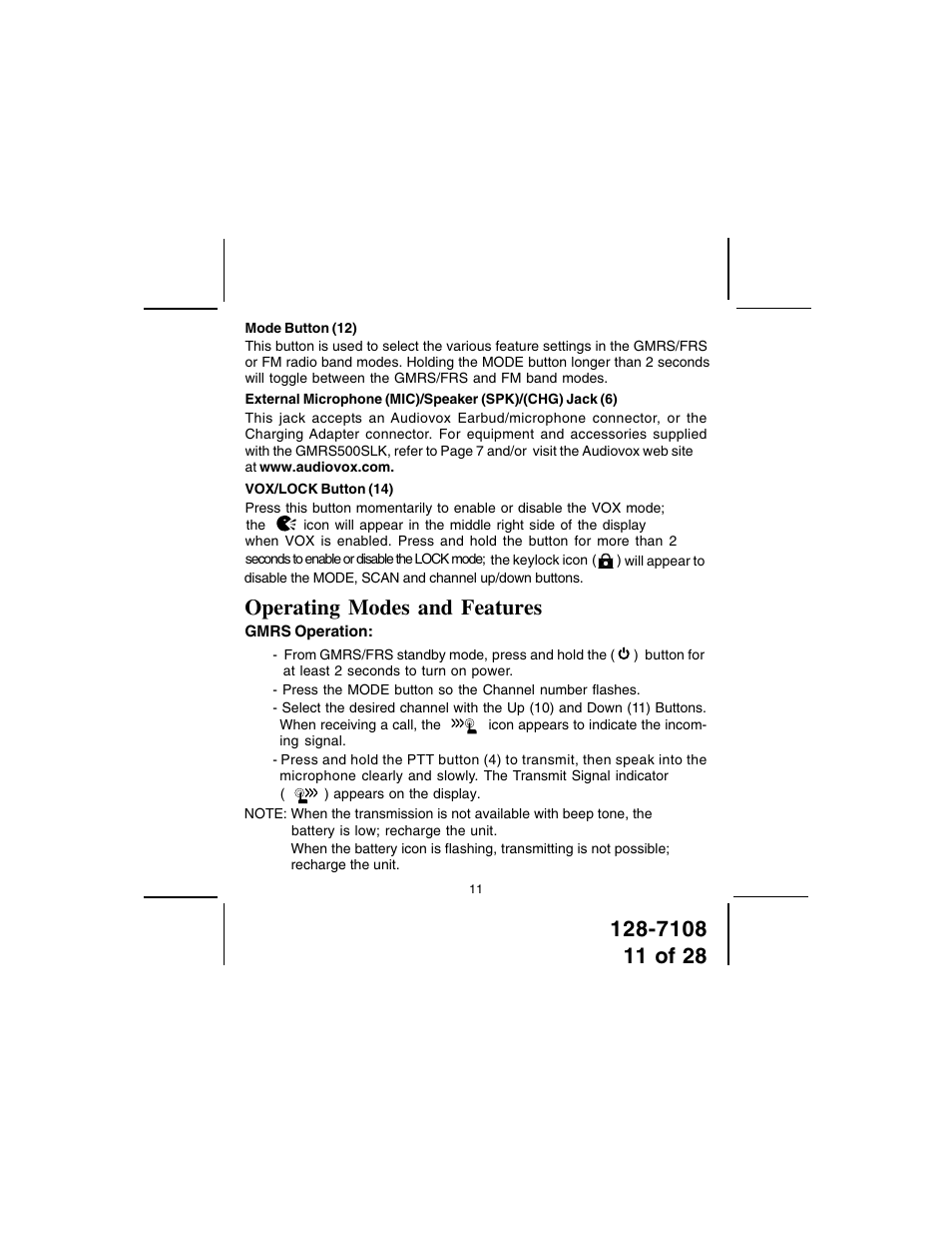 Operating modes and features | Audiovox GMRS500SLK User Manual | Page 11 / 28
