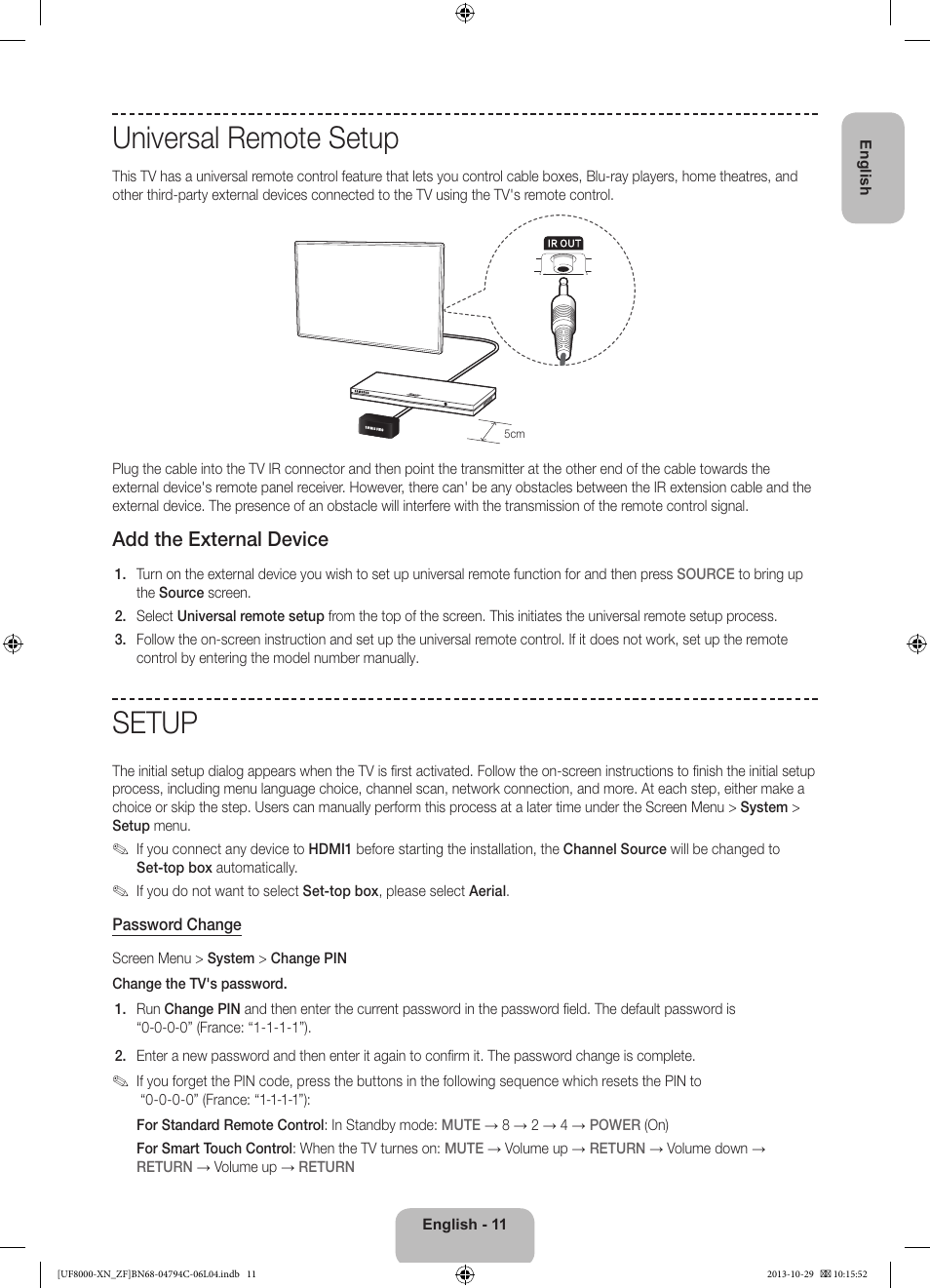 Universal remote setup, Setup, Add the external device | Samsung UE46F8000SL User Manual | Page 11 / 97