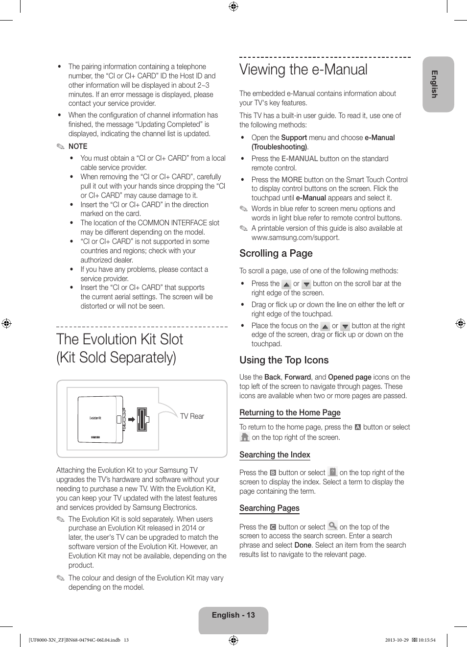 The evolution kit slot (kit sold separately), Viewing the e-manual, Scrolling a page | Using the top icons | Samsung UE46F8000SL User Manual | Page 13 / 97