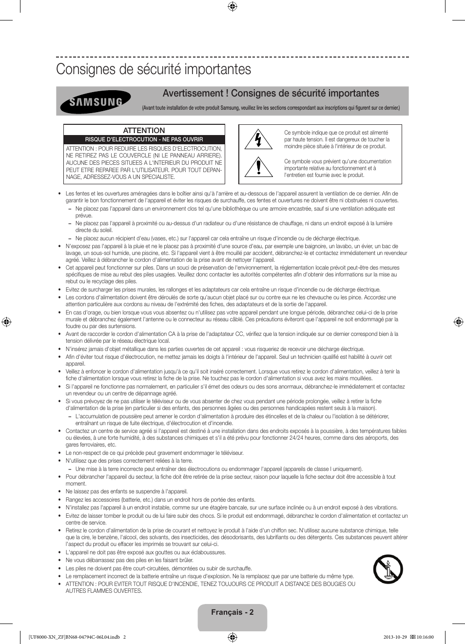 Consignes de sécurité importantes, Avertissement ! consignes de sécurité importantes | Samsung UE46F8000SL User Manual | Page 26 / 97