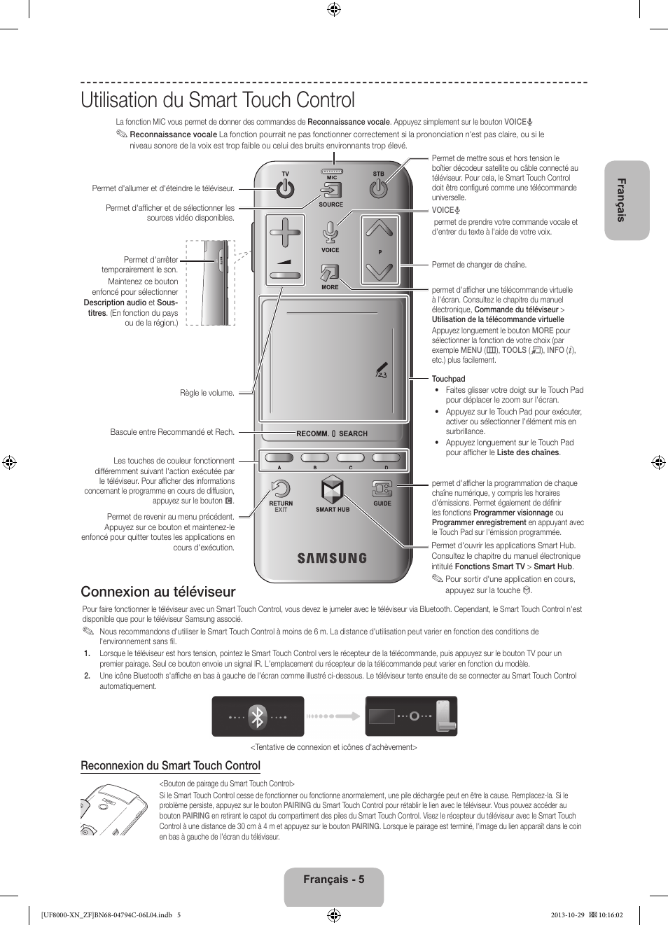 Utilisation du smart touch control, Connexion au téléviseur, Reconnexion du smart touch control | Samsung UE46F8000SL User Manual | Page 29 / 97