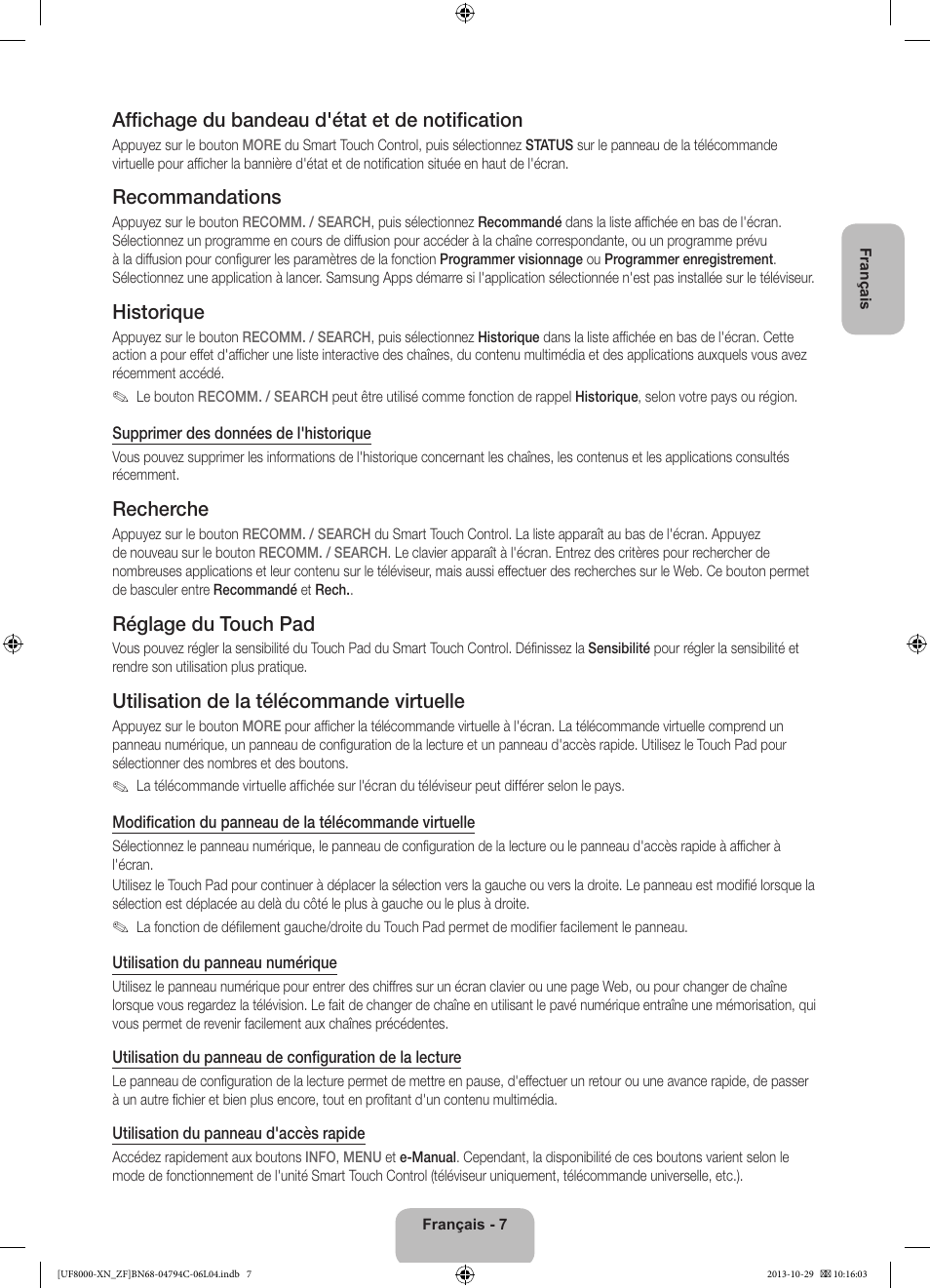 Affichage du bandeau d'état et de notification, Recommandations, Historique | Recherche, Réglage du touch pad, Utilisation de la télécommande virtuelle | Samsung UE46F8000SL User Manual | Page 31 / 97