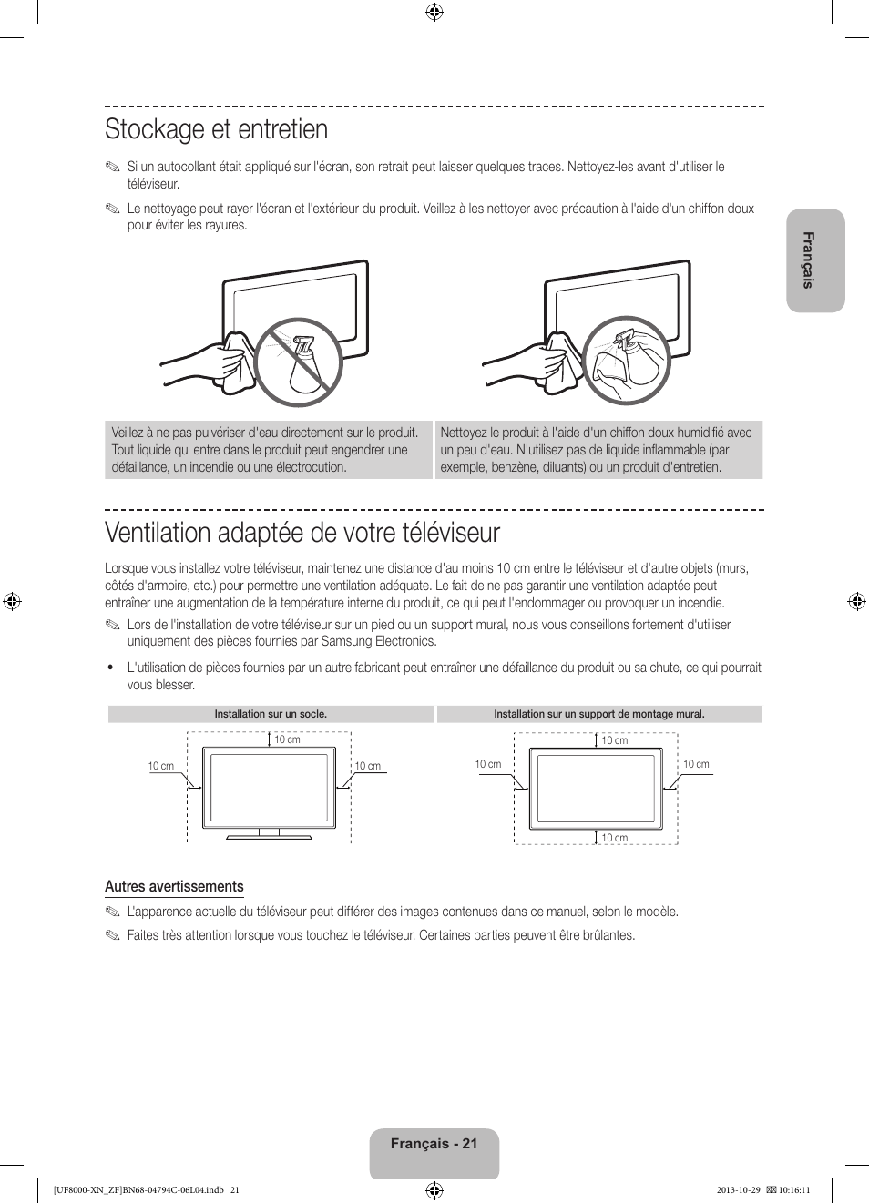 Stockage et entretien, Ventilation adaptée de votre téléviseur | Samsung UE46F8000SL User Manual | Page 45 / 97