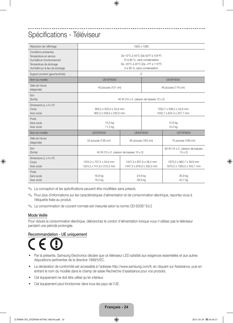 Spécifications - téléviseur, Mode veille, Recommandation - ue uniquement | Samsung UE46F8000SL User Manual | Page 48 / 97