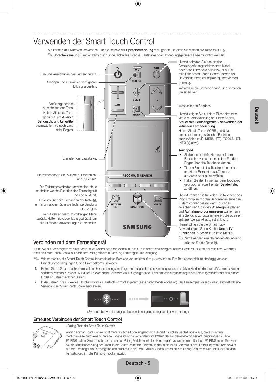 Verwenden der smart touch control, Verbinden mit dem fernsehgerät, Erneutes verbinden der smart touch control | Samsung UE46F8000SL User Manual | Page 53 / 97