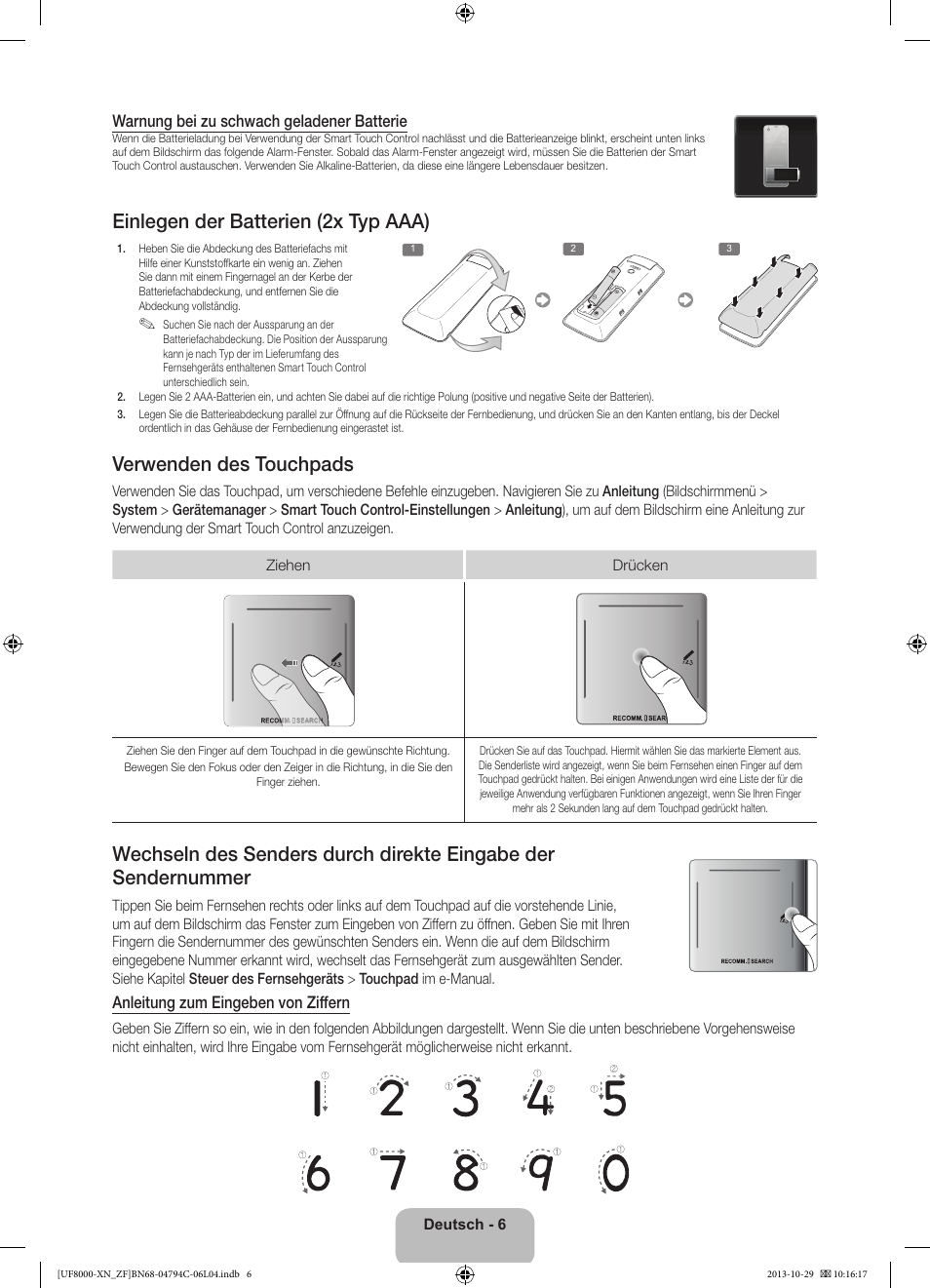 Einlegen der batterien (2x typ aaa), Verwenden des touchpads | Samsung UE46F8000SL User Manual | Page 54 / 97