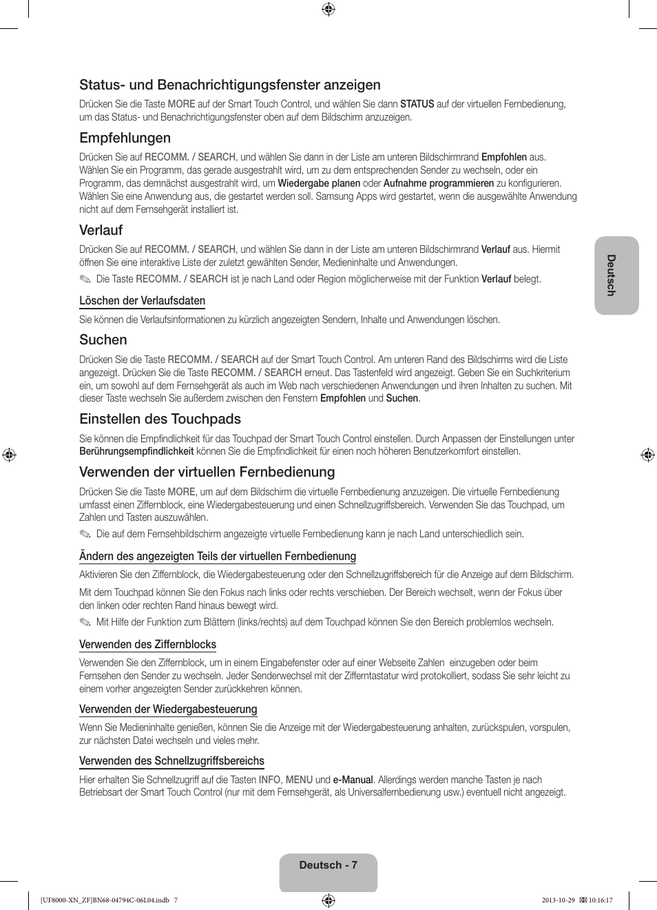 Status- und benachrichtigungsfenster anzeigen, Empfehlungen, Verlauf | Suchen, Einstellen des touchpads, Verwenden der virtuellen fernbedienung | Samsung UE46F8000SL User Manual | Page 55 / 97