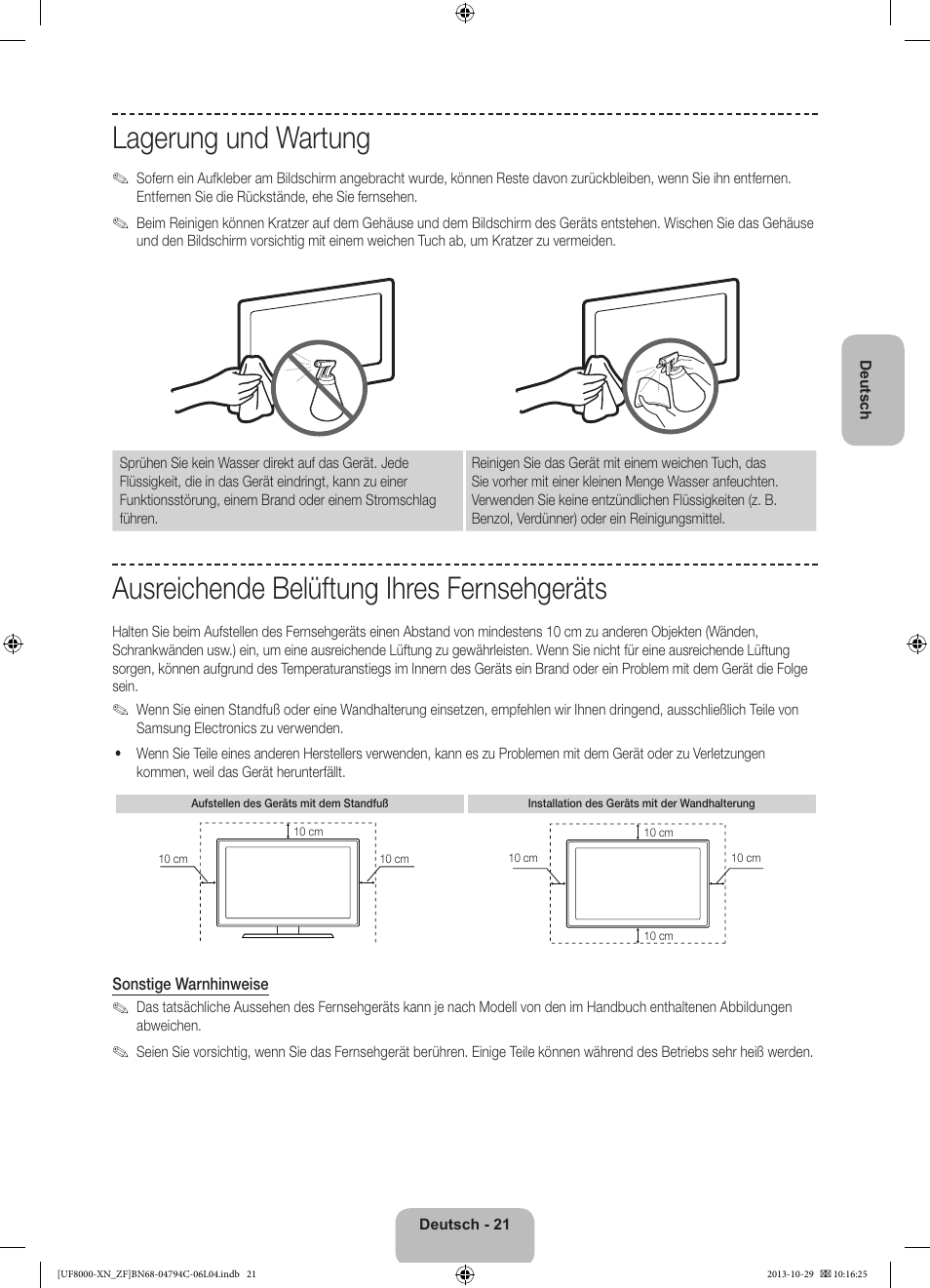 Lagerung und wartung, Ausreichende belüftung ihres fernsehgeräts | Samsung UE46F8000SL User Manual | Page 69 / 97