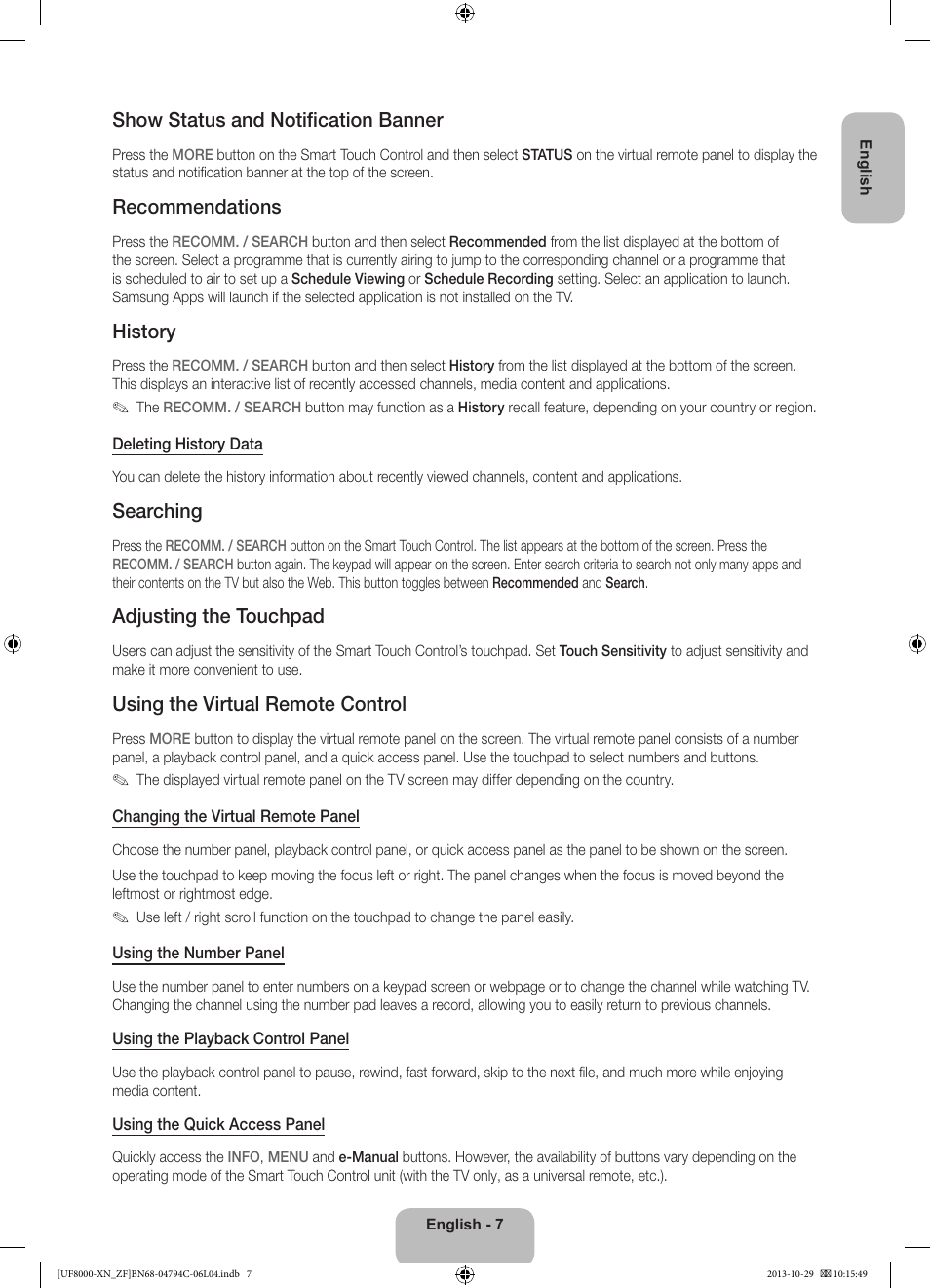 Show status and notification banner, Recommendations, History | Searching, Adjusting the touchpad, Using the virtual remote control | Samsung UE46F8000SL User Manual | Page 7 / 97