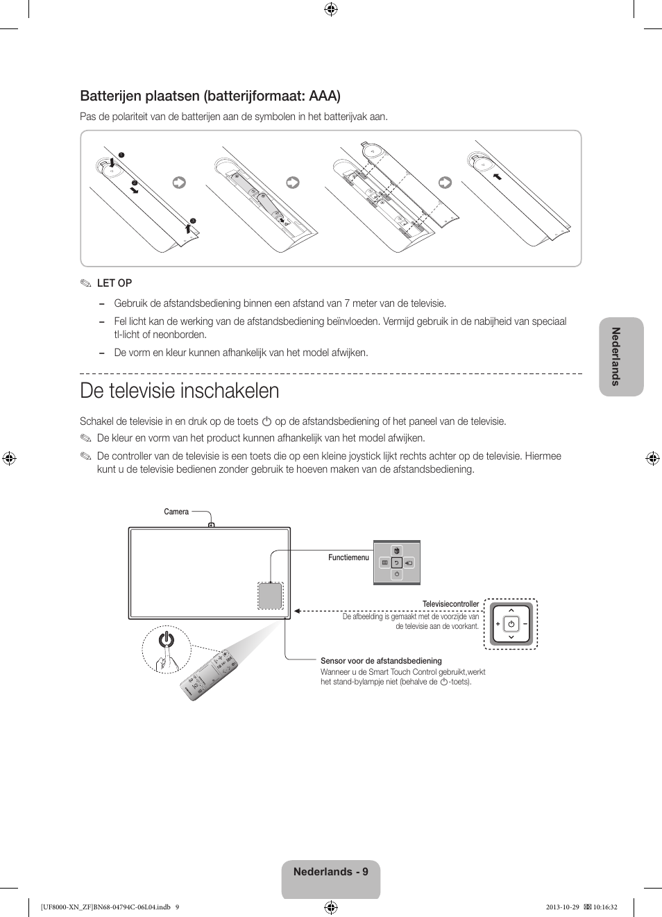 De televisie inschakelen, Batterijen plaatsen (batterijformaat: aaa) | Samsung UE46F8000SL User Manual | Page 81 / 97