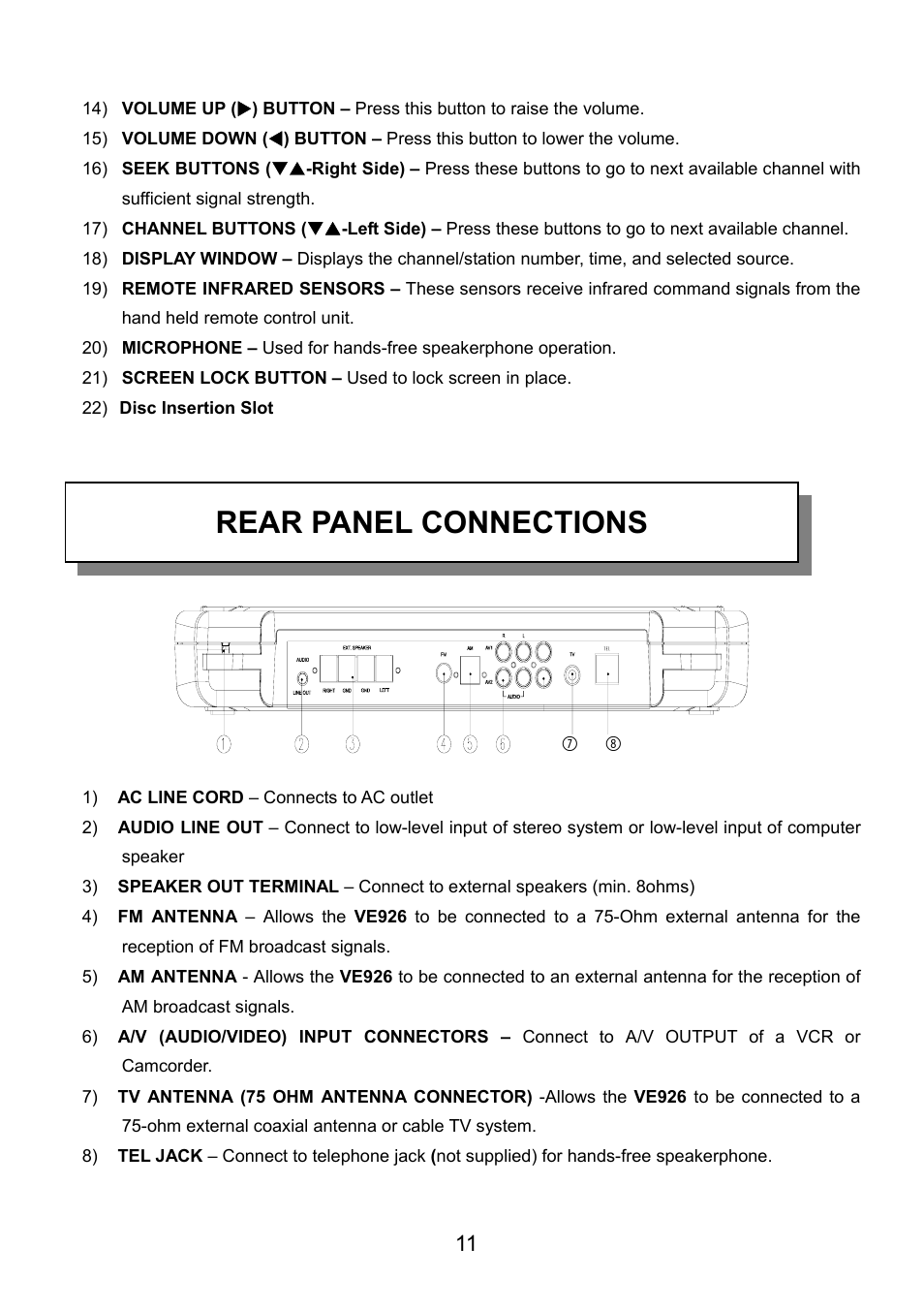 Rear panel connections | Audiovox VE926 User Manual | Page 12 / 33