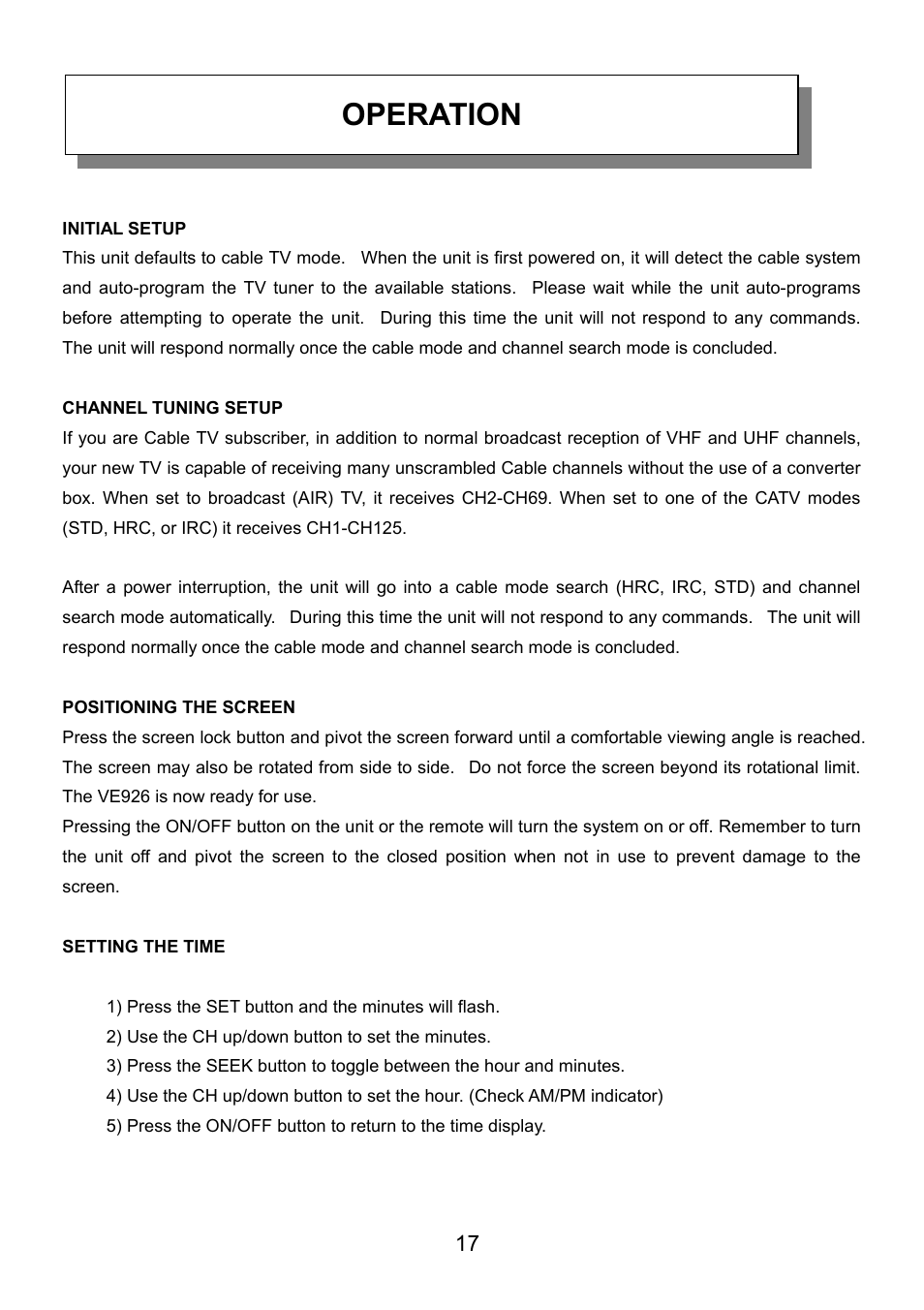 Channel tuning setup, Positioning the screen, Setting the time | Operation | Audiovox VE926 User Manual | Page 18 / 33