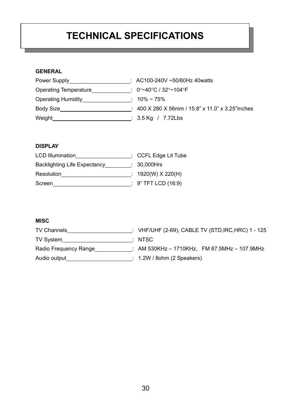 General, Display, Misc | Technical specifications | Audiovox VE926 User Manual | Page 31 / 33