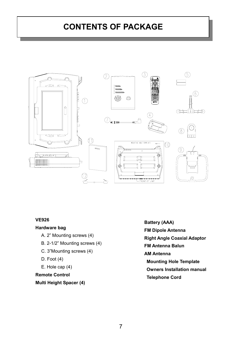 Contents of package | Audiovox VE926 User Manual | Page 8 / 33