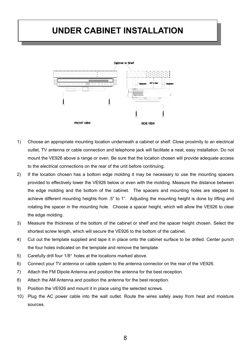 Under cabinet installation | Audiovox VE926 User Manual | Page 9 / 33