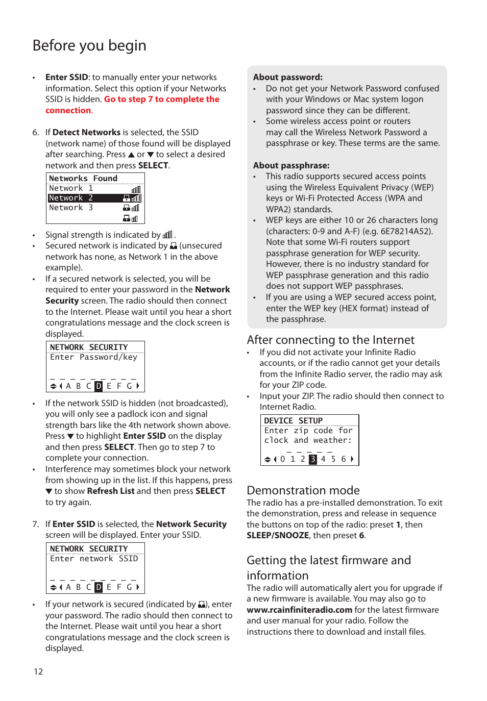 After connecting to the internet, Demonstration mode, Getting the latest firmware and information | Before you begin | Audiovox RCA RIR200 User Manual | Page 12 / 36