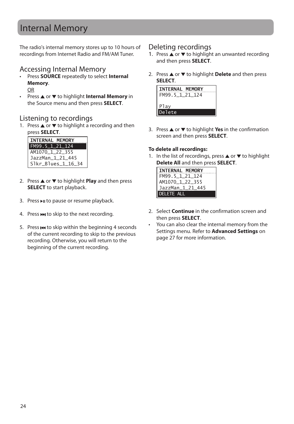 Internal memory, Accessing internal memory, Listening to recordings | Deleting recordings | Audiovox RCA RIR200 User Manual | Page 24 / 36