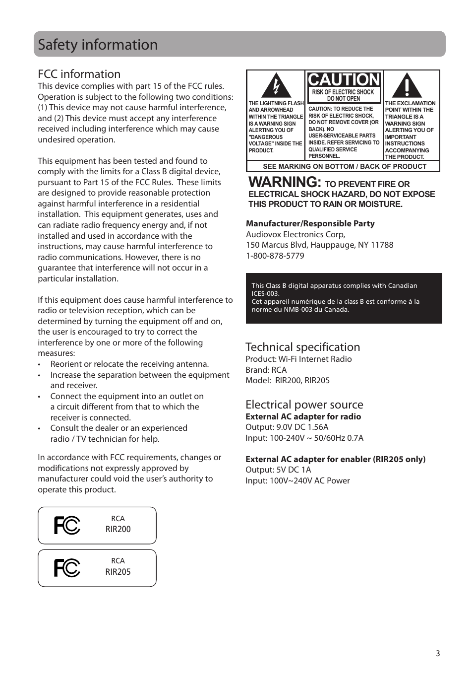 Safety information, Fcc information, Technical specification | Electrical power source, Caution, Warning | Audiovox RCA RIR200 User Manual | Page 3 / 36