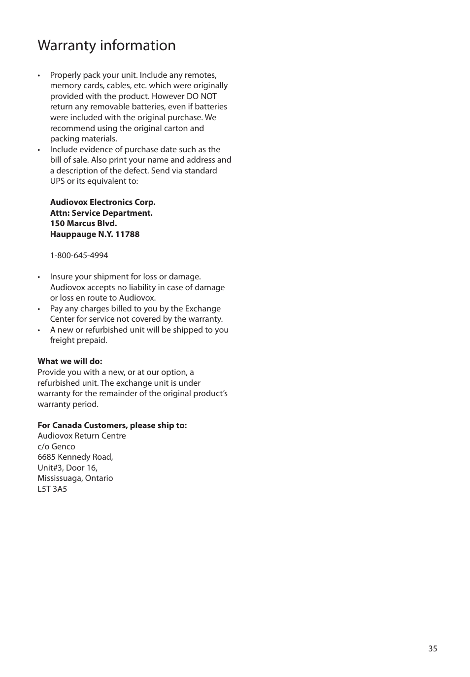 Warranty information | Audiovox RCA RIR200 User Manual | Page 35 / 36