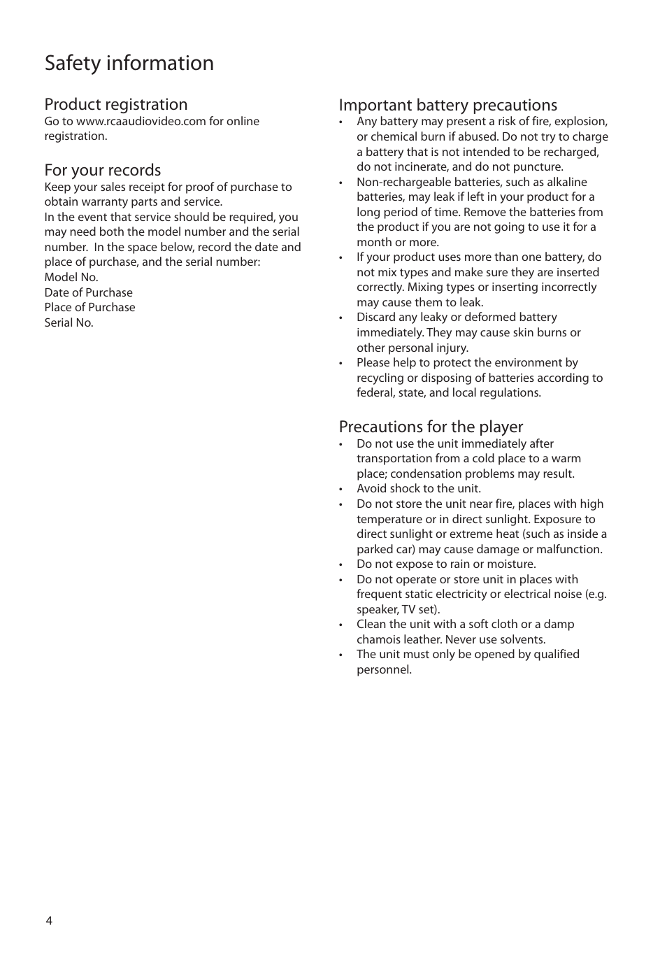 Product registration, For your records, Important battery precautions | Precautions for the player, Safety information | Audiovox RCA RIR200 User Manual | Page 4 / 36