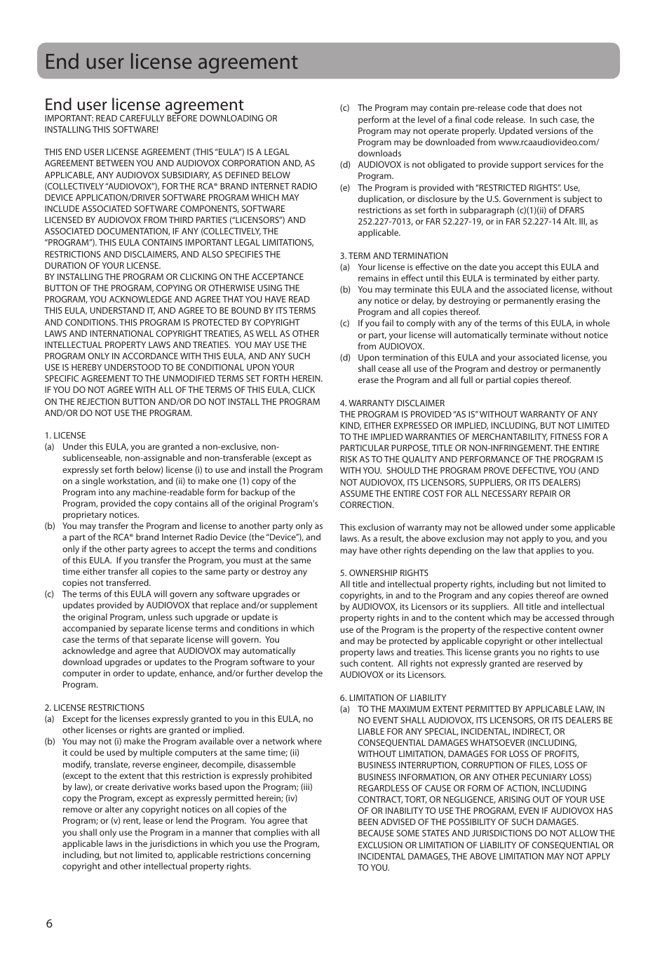 End user license agreement | Audiovox RCA RIR200 User Manual | Page 6 / 36