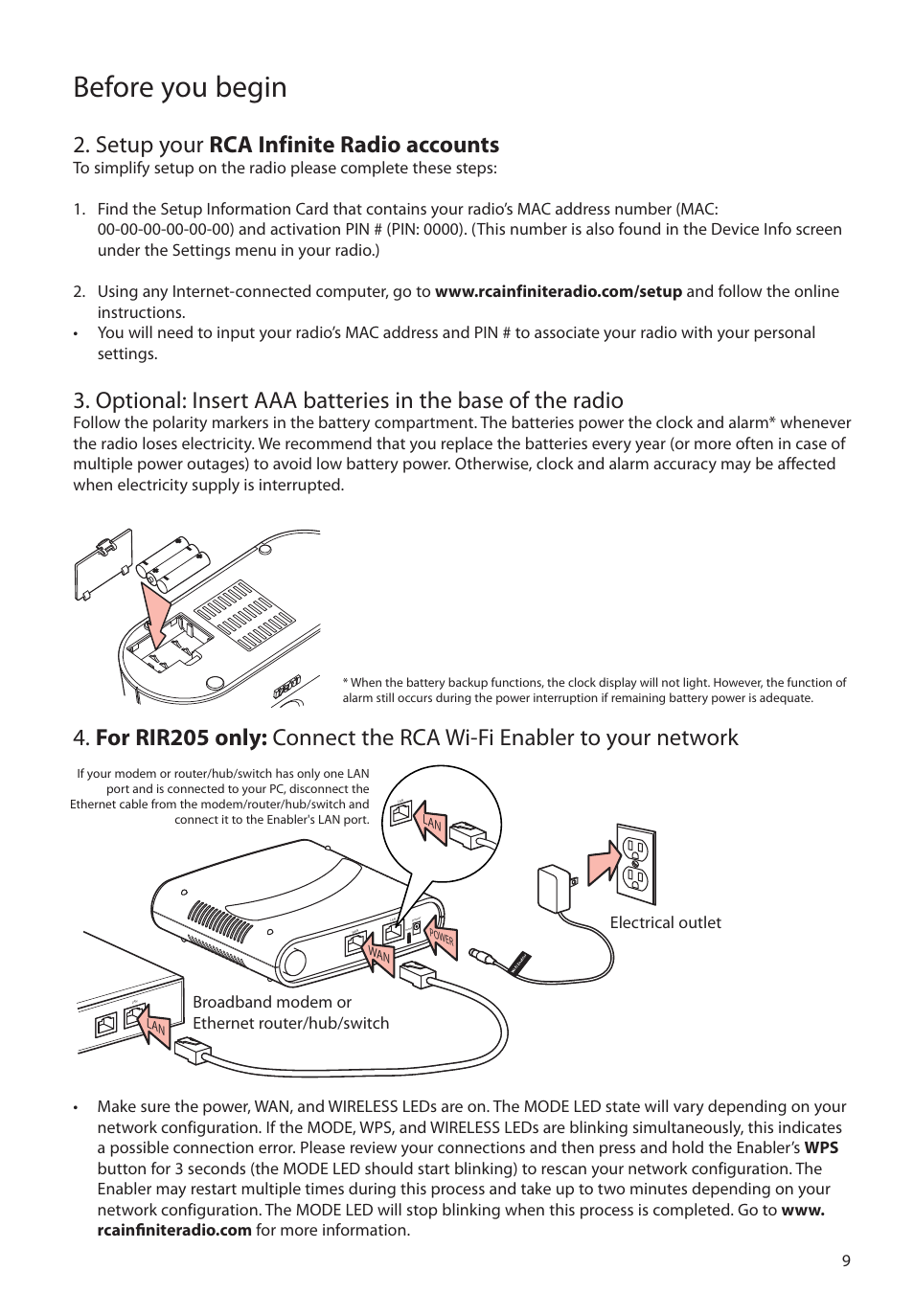 Setup your rca infinite radio accounts, Before you begin | Audiovox RCA RIR200 User Manual | Page 9 / 36