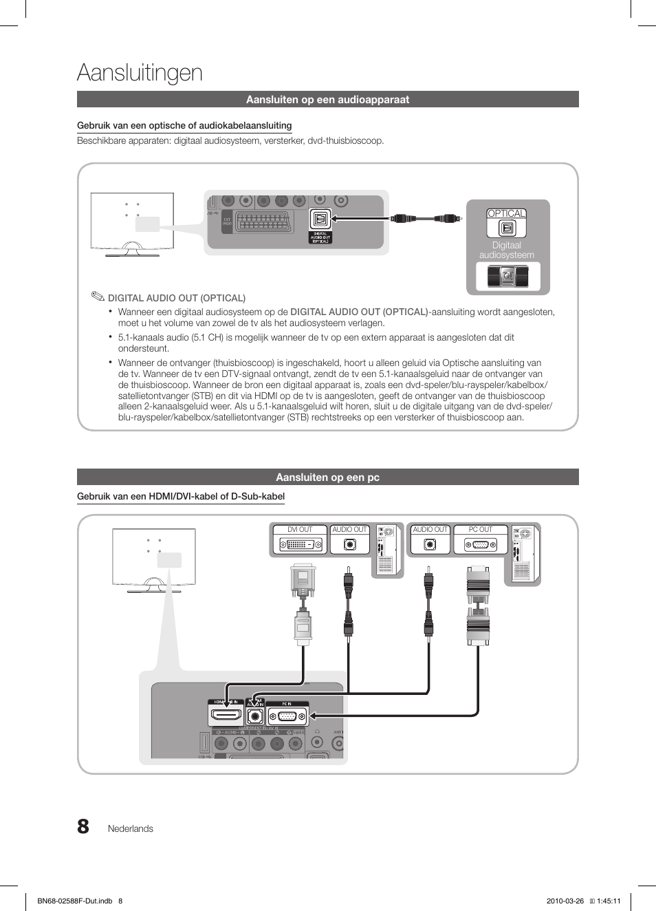 Aansluitingen, Aansluiten op een audioapparaat, Aansluiten op een pc | Nederlands, Wanneer een digitaal audiosysteem op de, Gebruik van een hdmi/dvi-kabel of d-sub-kabel, Optical digitaal audiosysteem | Samsung LE19C350D1W User Manual | Page 107 / 133