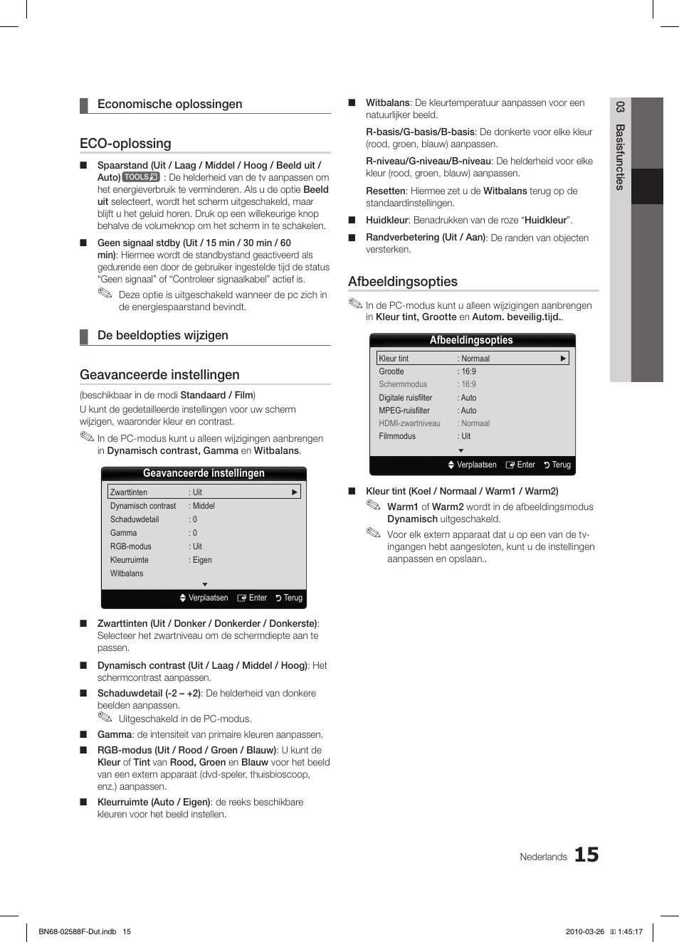 Eco-oplossing, Geavanceerde instellingen, Afbeeldingsopties | Samsung LE19C350D1W User Manual | Page 114 / 133