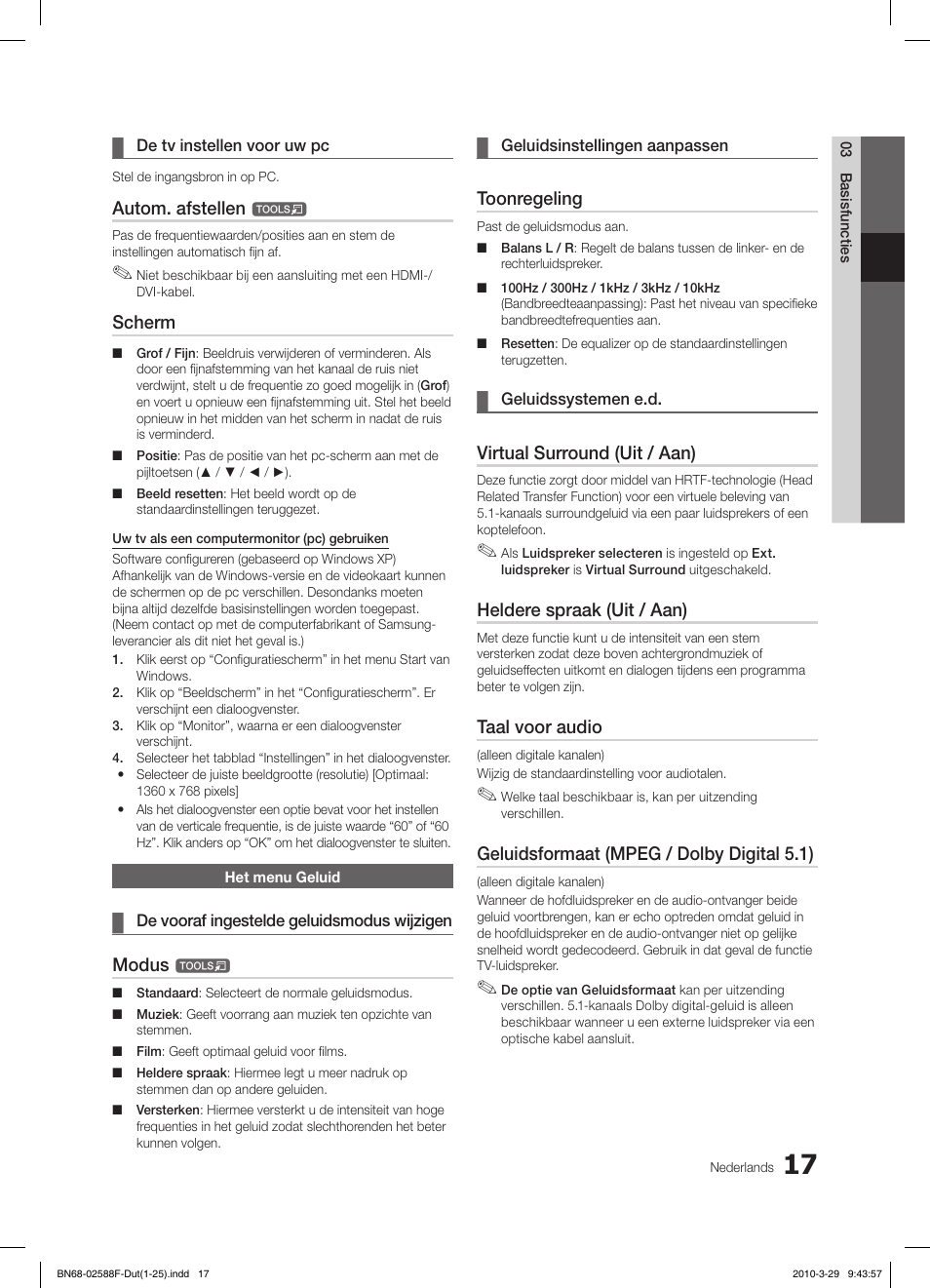 Autom. afstellen, Scherm, Modus | Toonregeling, Virtual surround (uit / aan), Heldere spraak (uit / aan), Taal voor audio, Geluidsformaat (mpeg / dolby digital 5.1) | Samsung LE19C350D1W User Manual | Page 116 / 133