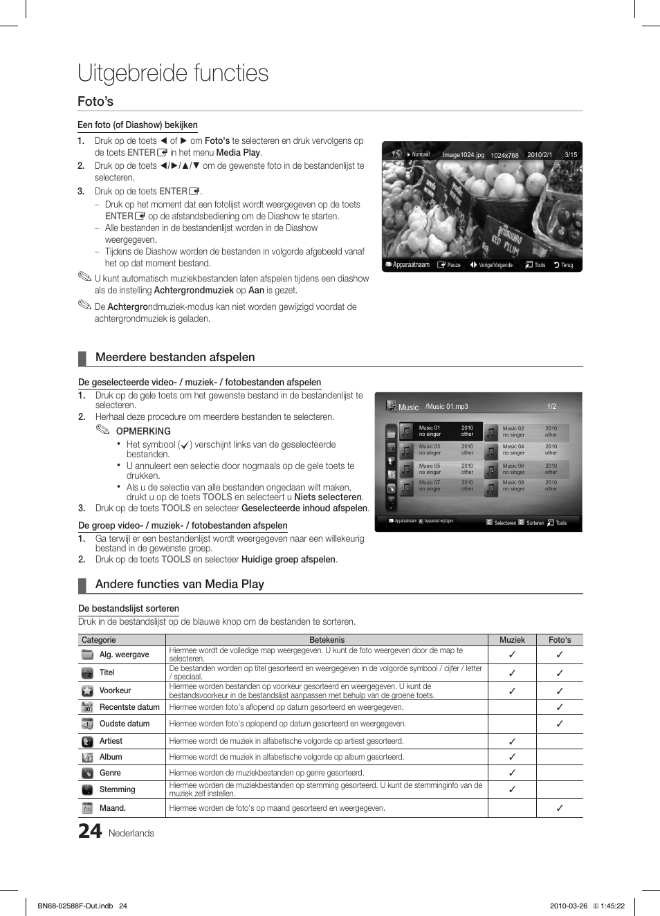 Uitgebreide functies, Foto’s, Meerdere bestanden afspelen | Andere functies van media play | Samsung LE19C350D1W User Manual | Page 123 / 133