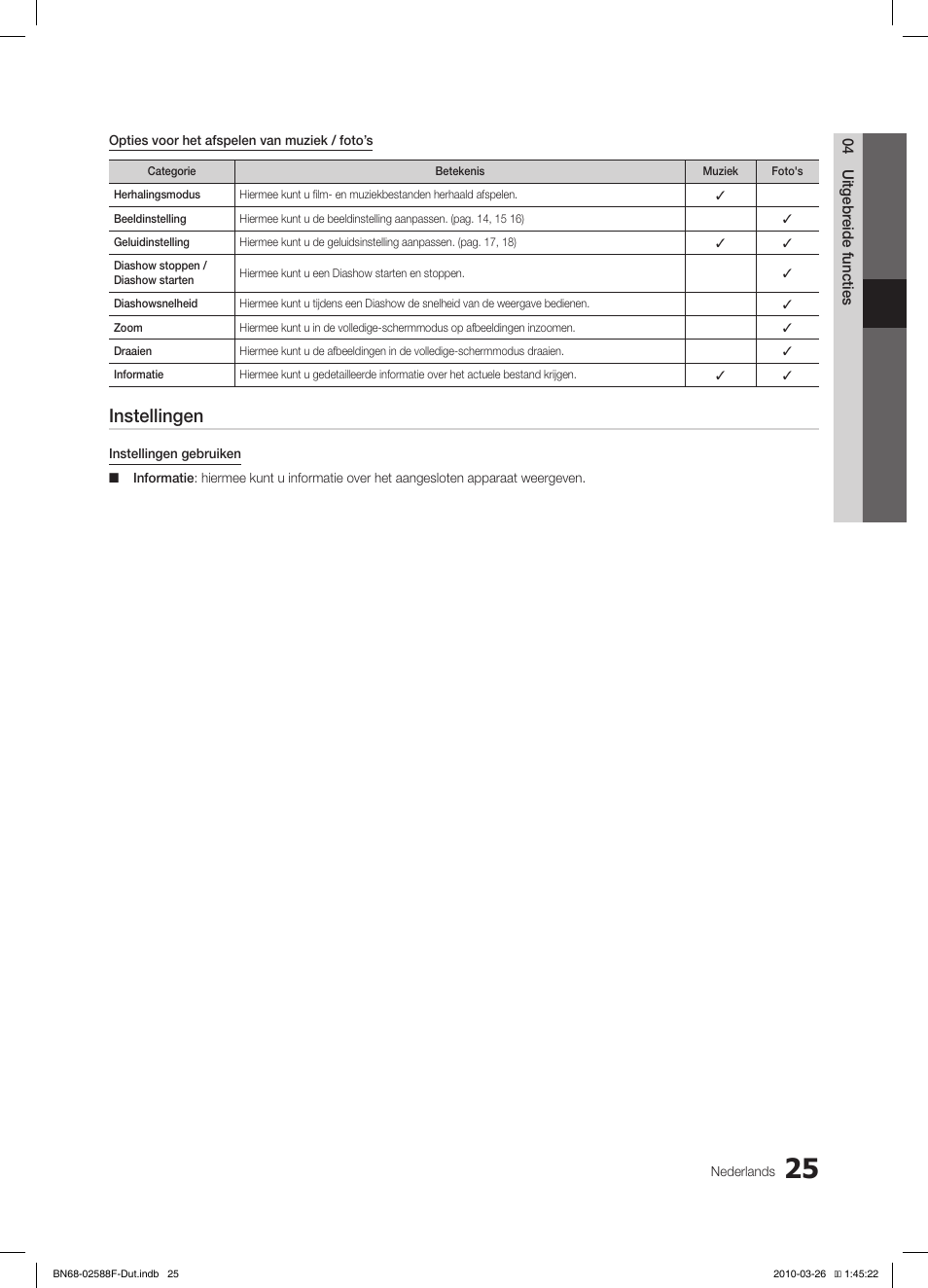 Instellingen | Samsung LE19C350D1W User Manual | Page 124 / 133