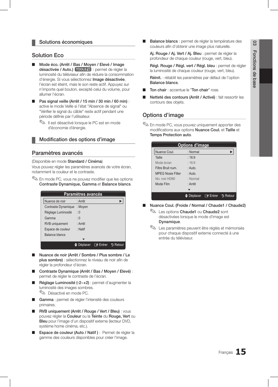 Solution eco, Paramètres avancés, Options d’image | Samsung LE19C350D1W User Manual | Page 48 / 133